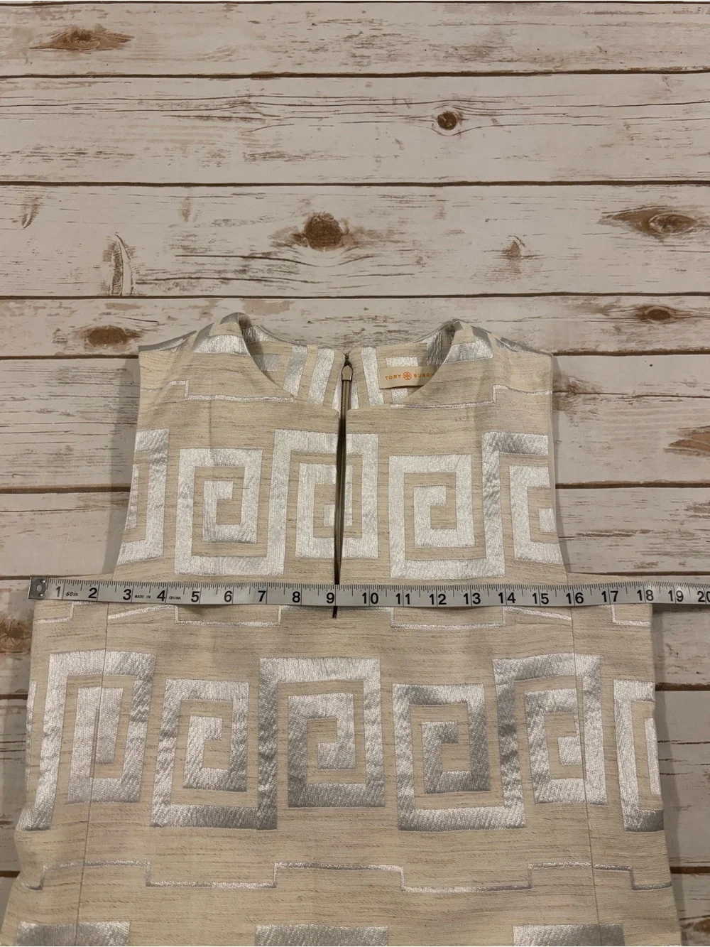 Tory Burch Jacquard Shift Dress Silver Metallic Greek Key Geometric Design SZ 8
